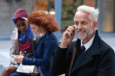 Buy stock photo Businessman, smile and listening in city with phone call, connection and good news for real estate job. Happy, mature person and positive feedback downtown with tech, contact and property investment.