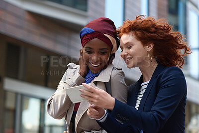 Buy stock photo Business, smile and women in city, smartphone for social media and break with communication. Outdoor, employees and people with happiness, friends and cellphone for website info and online reading