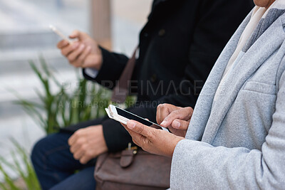 Buy stock photo City, employees and hands with smartphone for chat, searching or browsing trip price on taxi website. Outdoor, online and sharing location with cab for commute, scroll and business people with mobile