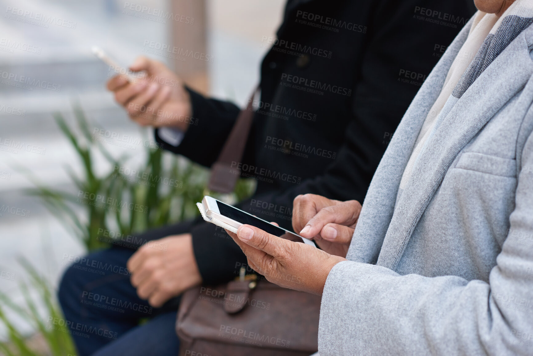 Buy stock photo City, employees and hands with smartphone for chat, searching or browsing trip price on taxi website. Outdoor, online and sharing location with cab for commute, scroll and business people with mobile