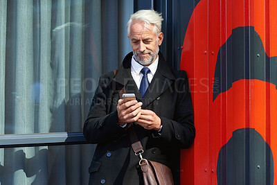 Buy stock photo City, businessman and texting with smartphone, commute or communication with contact on social media. Outdoor, entrepreneur and mature person with mobile for message, reading and investment update