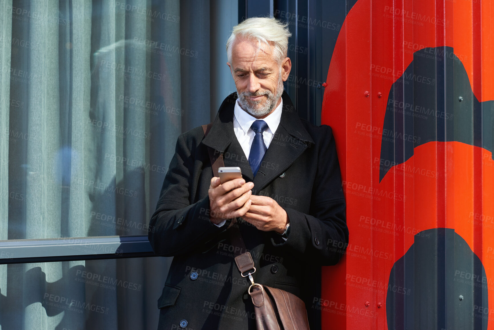 Buy stock photo City, businessman and texting with smartphone, commute or communication with contact on social media. Outdoor, entrepreneur and mature person with mobile for message, reading and investment update