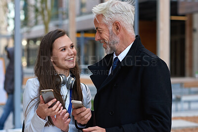 Buy stock photo Business, internet and people in city, cellphone for social media and break with communication. Outdoor, email and employees with conversation, network and smartphone for website info and happiness