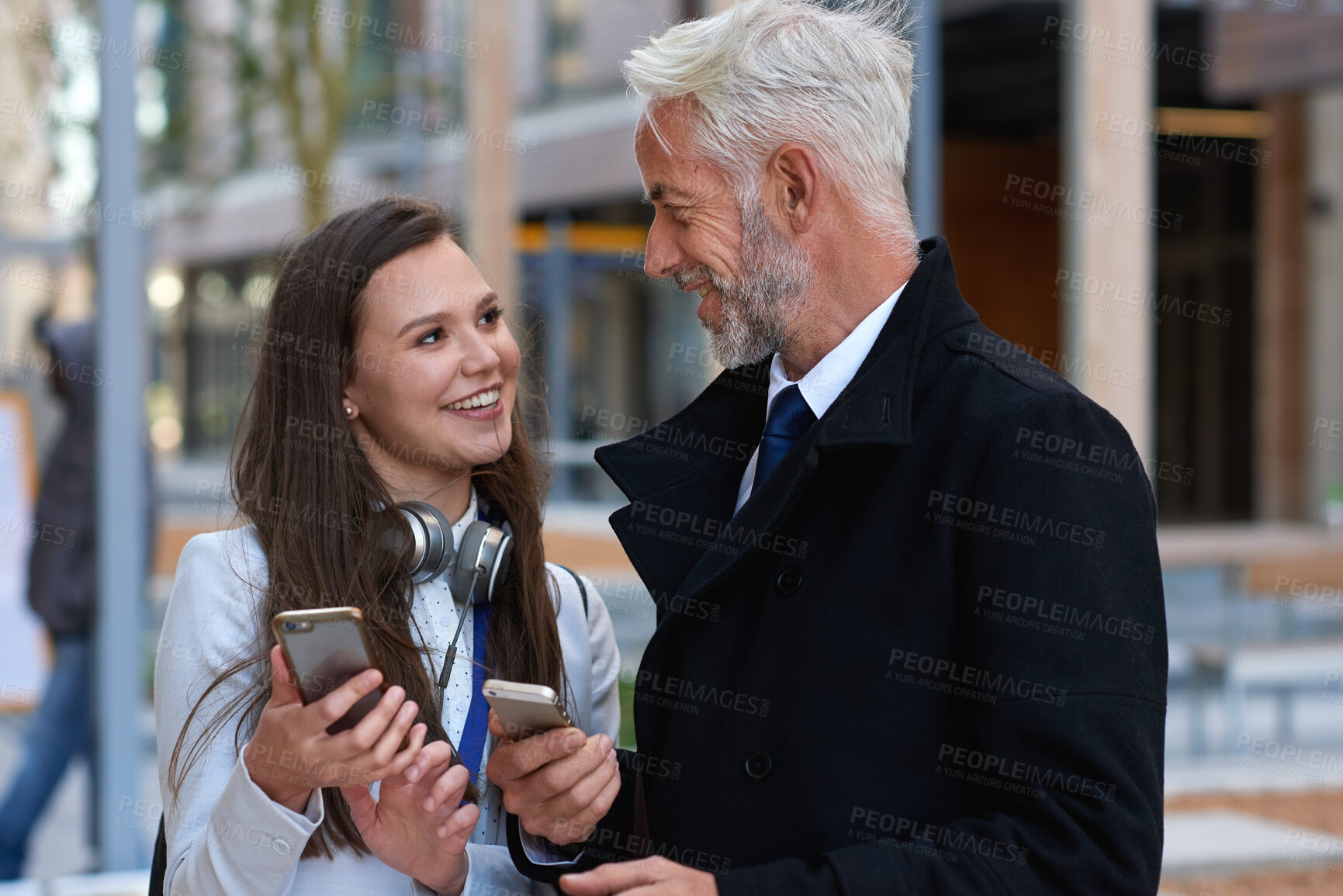 Buy stock photo Business, internet and people in city, cellphone for social media and break with communication. Outdoor, email and employees with conversation, network and smartphone for website info and happiness