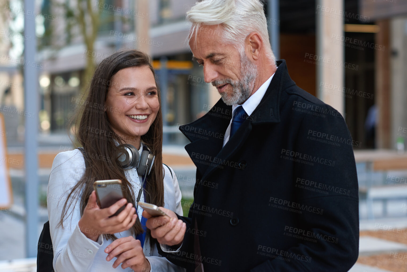 Buy stock photo Business, happiness and people in city, cellphone for social media and break with communication. Outdoor, email and employees with conversation, smile and smartphone for website info and connection