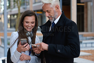 Buy stock photo Business, typing and people in city, smartphone for social media and help with communication. Outdoor, employees and support with conversation, friends and cellphone for website info and happiness