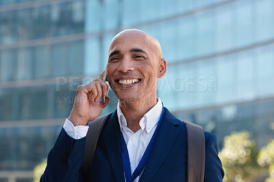 Buy stock photo Phone call, funny and man in city, talking and digital app for communication, humor and smile. Outdoor, professional and happy person with smartphone, laugh and connection for chatting and discussion