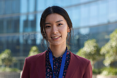 Buy stock photo Portrait, confident or business woman in city with smile, journalism internship or career development. Outdoor, happy or proud Asian person with news reporting opportunity, trainee writer or ambition