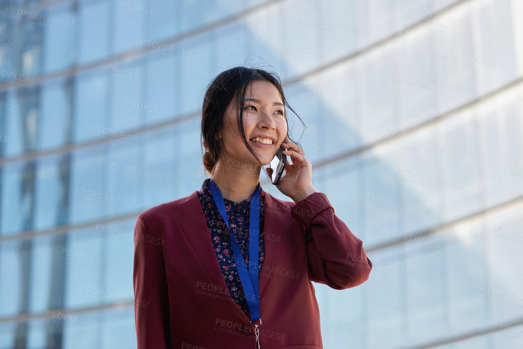 Buy stock photo Phone call, business and Asian woman in city, discussion and digital app for communication. Outdoor, consultant and happy person in street, cellphone and connection for chatting, funny and internet