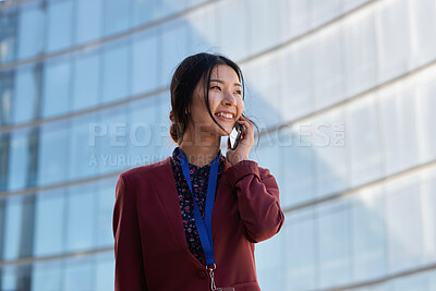 Buy stock photo Phone call, business and Asian woman in city, talking and digital app for communication. Outdoor, consultant and happy person in street, smartphone and connection for chatting, travel and happiness