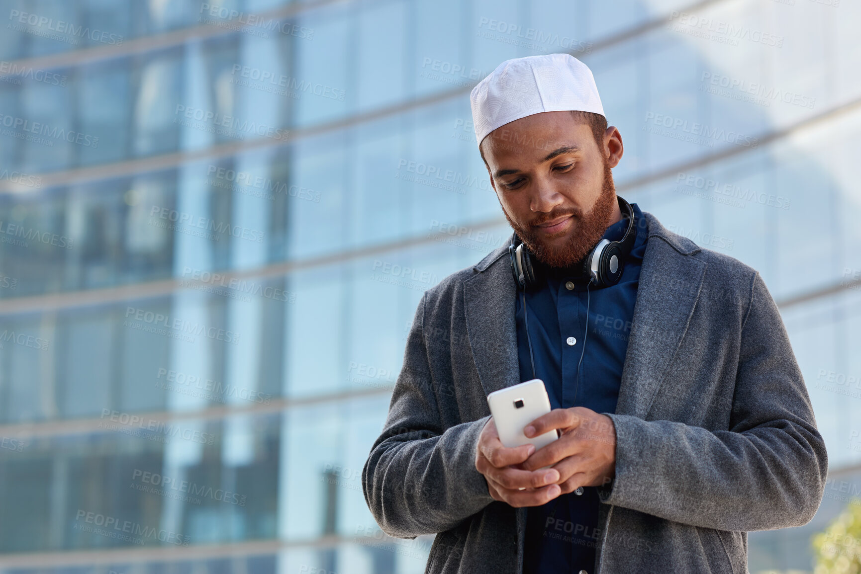 Buy stock photo Phone, business and Muslim man in city on break for social media, internet and connection by workplace. Town, professional and person on smartphone for online chat, message and notification for email