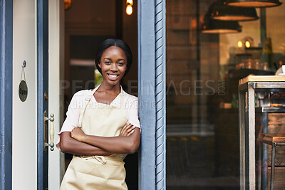 Buy stock photo Hospitality, portrait or black woman at cafe with arms crossed, about us or owner of bistro business. Happiness, entrance or restaurant manager with confidence, experience or pride in dining industry