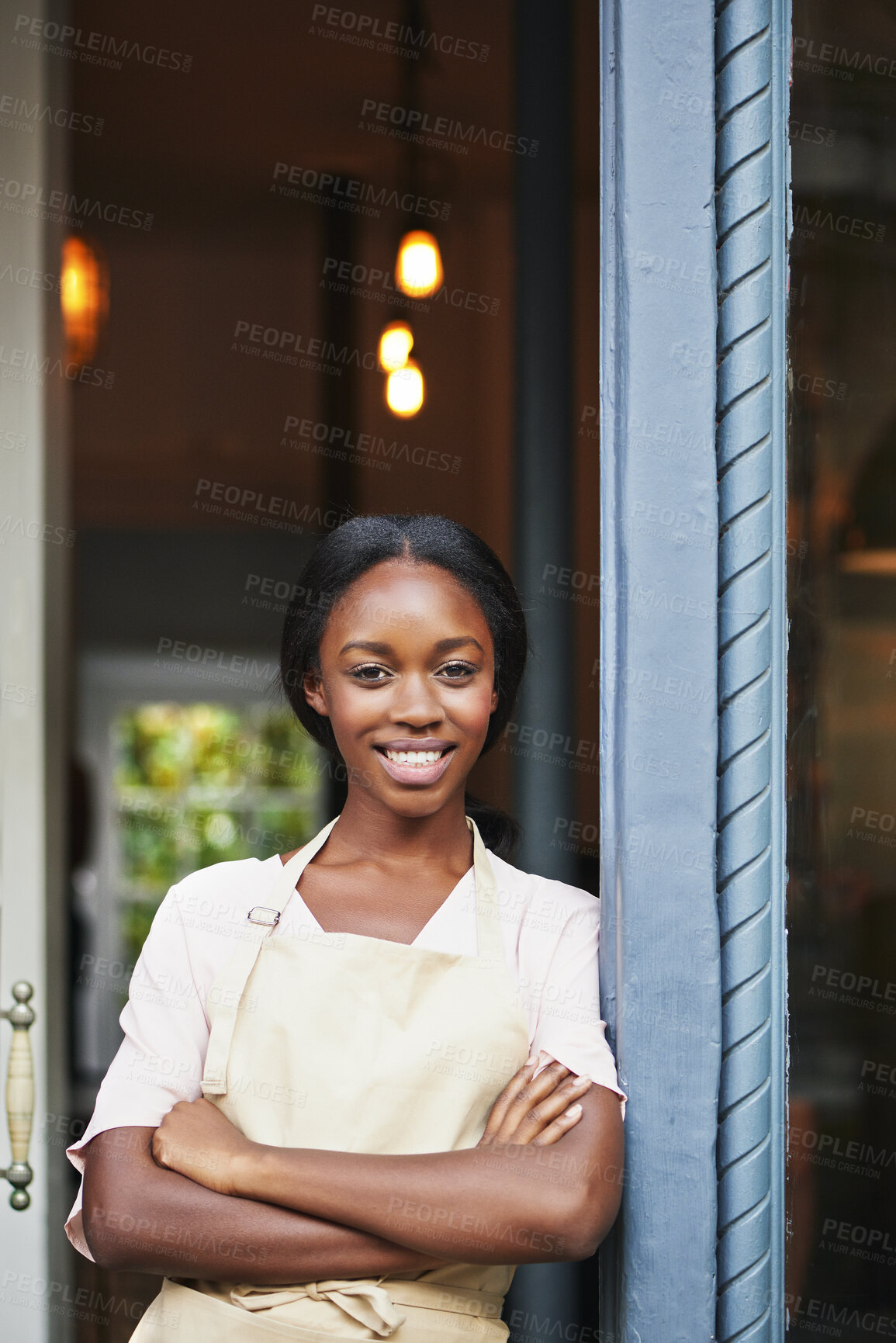 Buy stock photo Hospitality, portrait or black woman at cafe with confidence, about us or owner of bistro business. Smile, entrance or restaurant manager with arms crossed, experience or pride in dining industry.