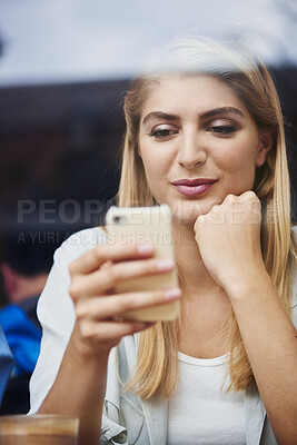 Buy stock photo Cafe, window and woman with phone for chat, relax or communication with ai assistant on social media. Calm, person and online dating with virtual partner on mobile, scroll and reading message in shop