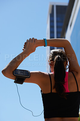 Buy stock photo Athlete, stretching and woman with earphones in city, morning and listen to music with subscription. Runner, back and person with tech for audio, warm up and getting ready for exercise or fitness