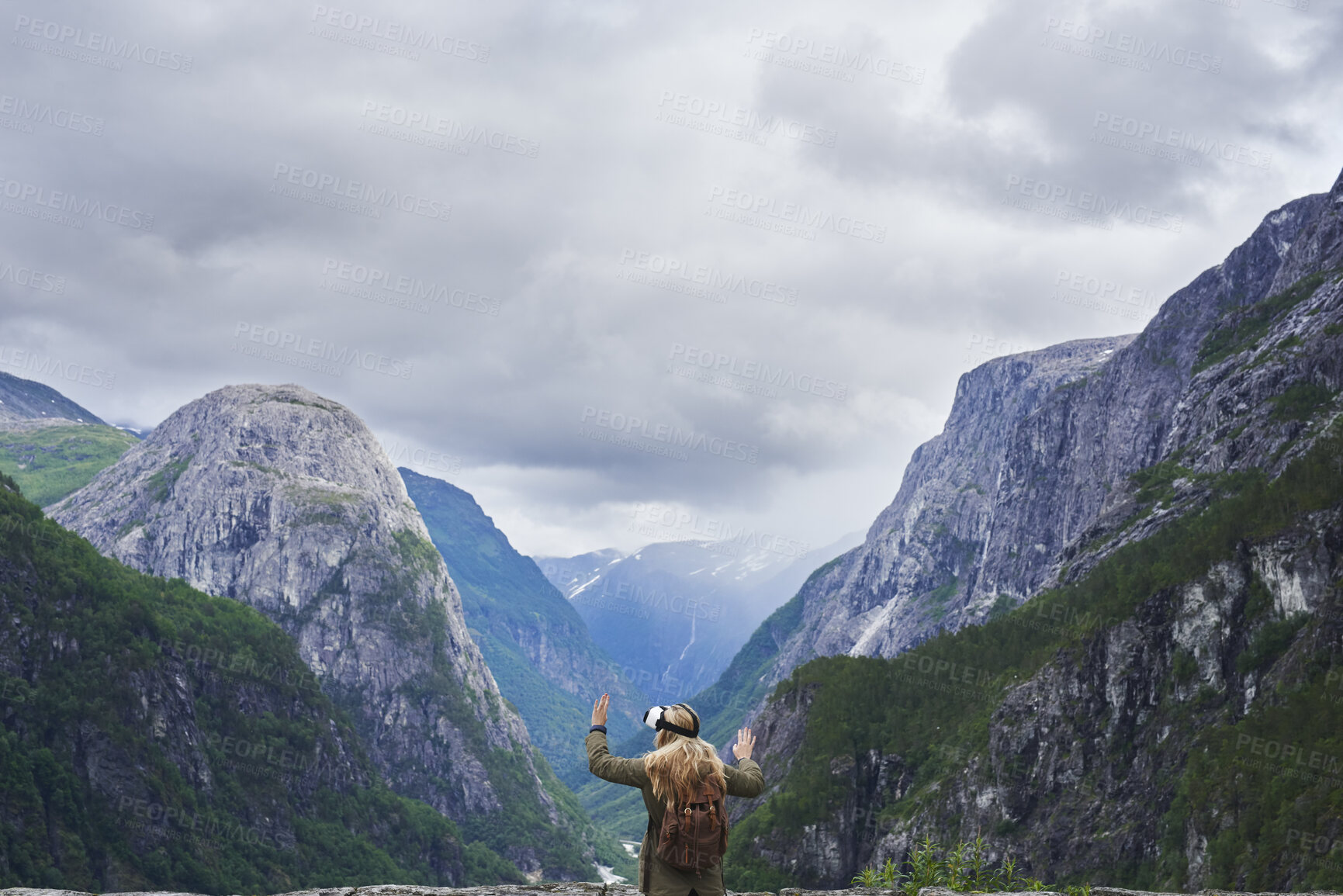 Buy stock photo Woman, adventure or VR with mountain view for outdoor travel or extreme simulation in nature. Female person, traveler or virtual reality headset on space for augmented hiking or vision in wilderness