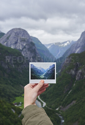 Buy stock photo Person, hands or travel with photo of mountain landscape, location or destination in nature. Traveler, adventure trip or picture with natural scenery for outdoor memory, capture moment or photography