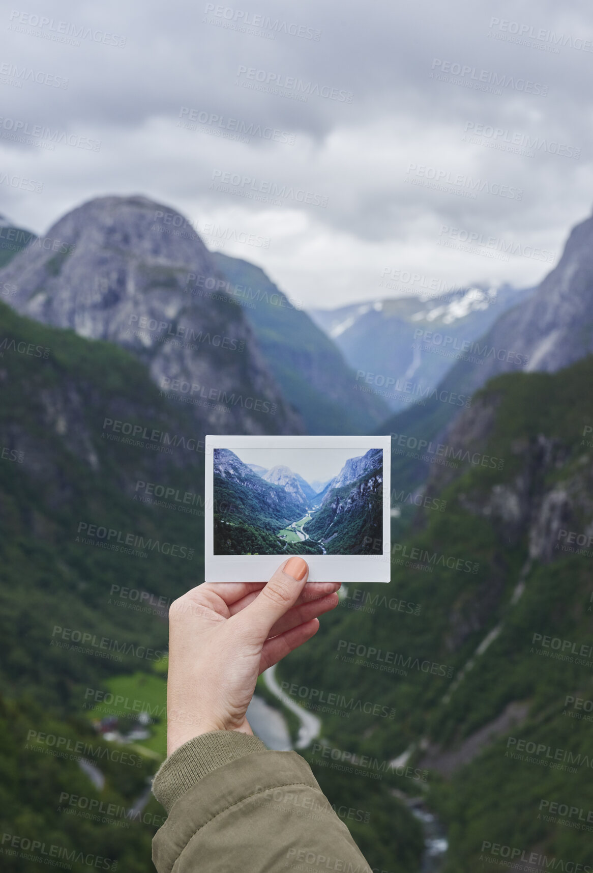 Buy stock photo Person, hands or travel with photo of mountain landscape, location or destination in nature. Traveler, adventure trip or picture with natural scenery for outdoor memory, capture moment or photography