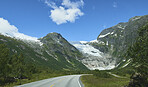Glacier on road trip journey Majestic beautiful snow landscape exploration