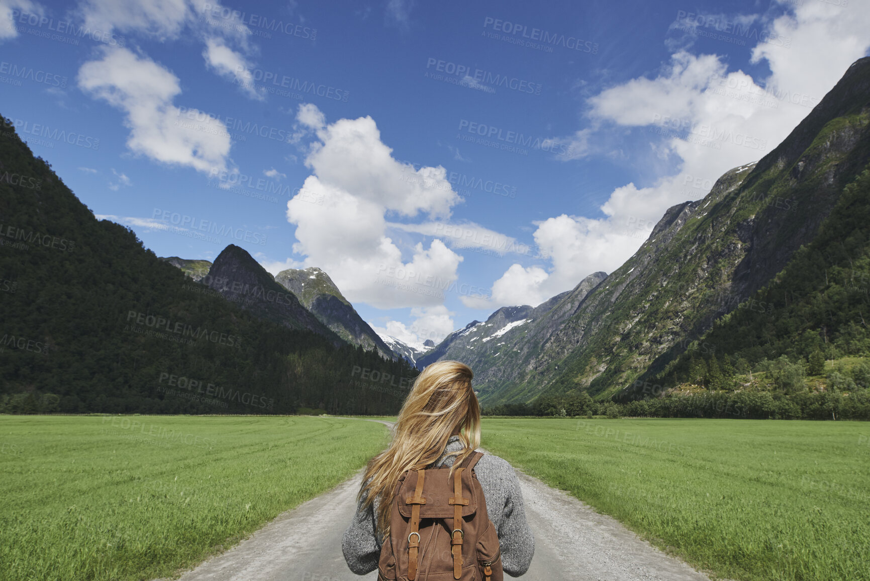Buy stock photo Woman, backpack and adventure on road with mountains, sightseeing and travel exploration for vacation. Back, female person and hiking outdoor in nature with holiday, eco tourism or peace for wellness
