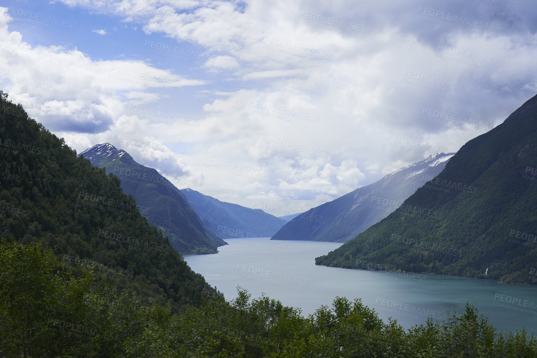 Buy stock photo Mountain, lake and landscape in nature for travel, holiday destination and eco tourism location. Water, snow and glacial valley outdoor for natural beauty, scenic environment and vacation in Norway