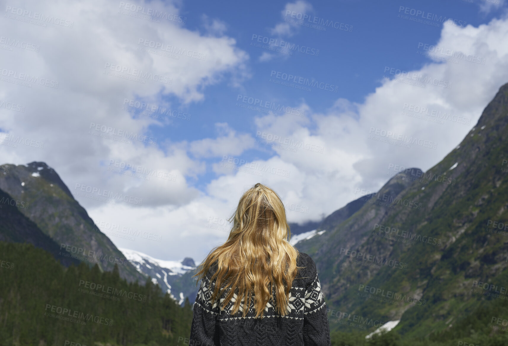 Buy stock photo Back, woman and peace in nature with mountain view, sightseeing and travel exploration for vacation. Calm, person and adventure outdoor with scenery for winter holiday, eco tourism or trip reflection
