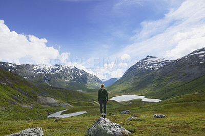 Buy stock photo Back, hiking and woman outdoor with mountain view, adventure and exploration with space in winter. Trekking, countryside and person in nature for travel, vacation or sightseeing on holiday at valley
