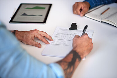 Buy stock photo People, hands and documents with signature for business contract, partnership agreement or deal. Employees, colleagues or application with company form for legal confirmation, b2b or work policy