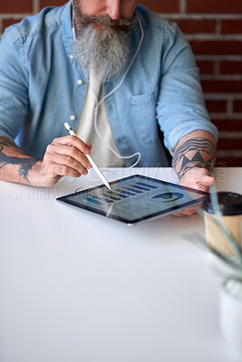 Buy stock photo Graphs, tablet screen and businessman in office with earphones, campaign data or brand performance. Mature, tech and creative director with music, marketing analysis or review infographic with stylus