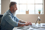 mature businessman using latop computer typing messages browsing online working sitting at table