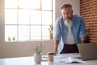 Buy stock photo Portrait, business and mature man in office, brand analyst and space for job experience. Confidence, market trends and campaign manager in startup company, about us or creative in New Zealand
