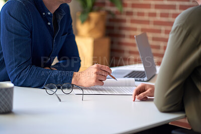 Buy stock photo People, hands and document in office with consultation, contract discussion or marketing partnership. Person, client and business meeting with paperwork, b2b negotiation or advertising collaboration.