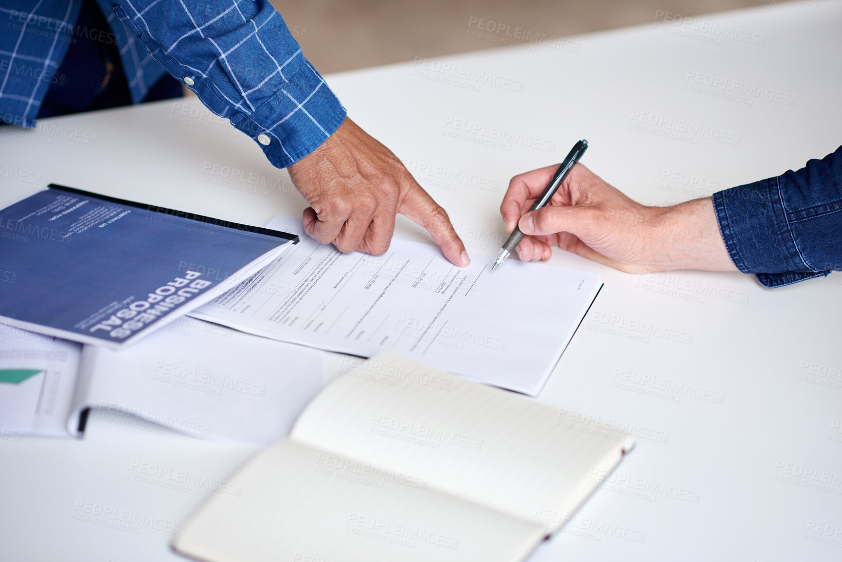 Buy stock photo Signature, pointing and hands of business people with contract, investment purchase and closing deal. Agreement, investor and client with transfer dead for stocks acquisition, legal form and office