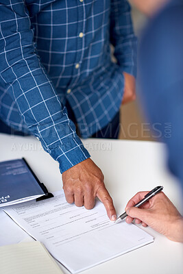 Buy stock photo Sign, pointing and hands of business people with contract to invest, stocks purchase and closing deal. Agreement, investor and client with transfer dead for assets acquisition, legal form and office