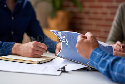 Buy stock photo Business people, meeting and hands with document for pitch, team and contract review for investment. Office, discussion and collaboration with investor for financial growth, proposal and paperwork