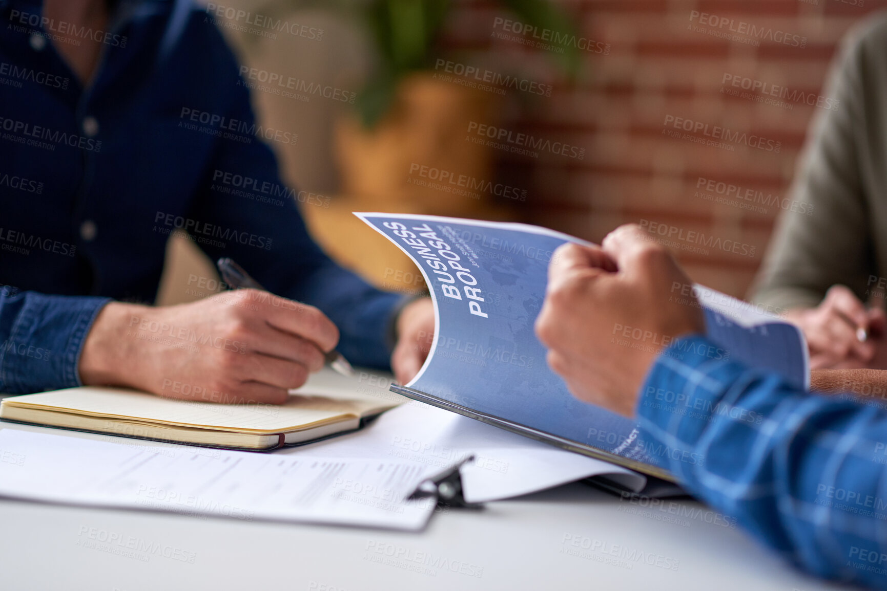 Buy stock photo Business people, meeting and hands with document for pitch, team and contract review for investment. Office, discussion and collaboration with investor for financial growth, proposal and paperwork