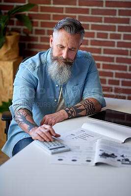 Buy stock photo Businessman, accountant and documents with calculator for financial planning or audit in office. Mature, man or accounting with paperwork or calculation for finance or revenue service in workplace