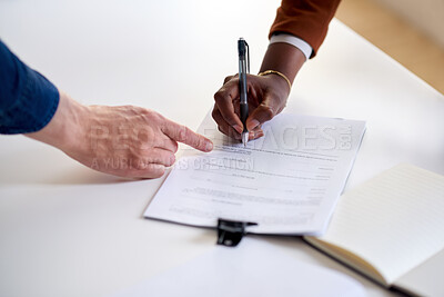 Buy stock photo Signature, pointing and hands of business people with paperwork, investment contract and closing deal. Agreement, investor and client with transfer dead for stocks acquisition, legal form and office