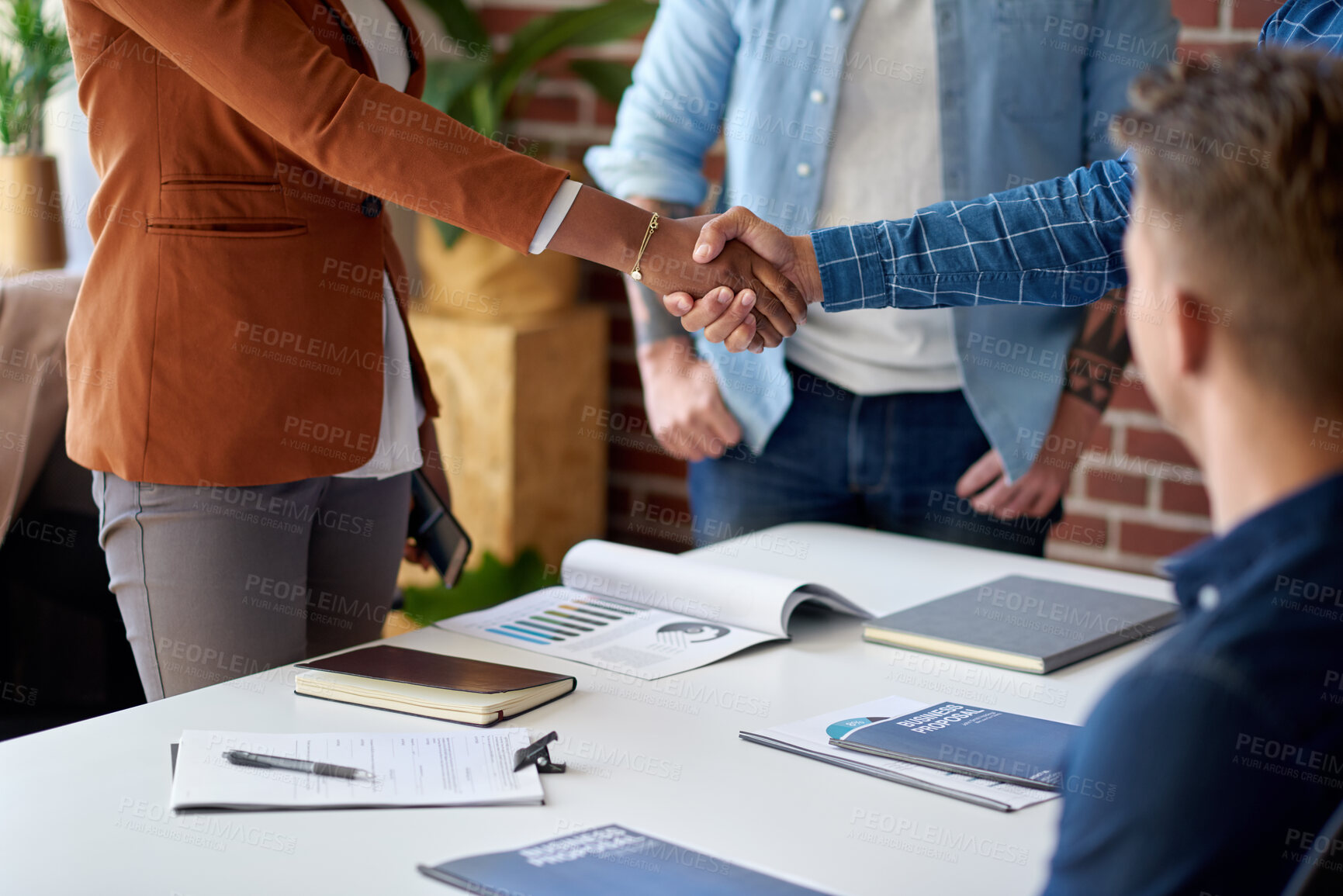 Buy stock photo Business, people and meeting with handshake in office for greeting, welcome and b2b agreement. Staff, shaking hands and client introduction for partnership, negotiation success and proposal approval