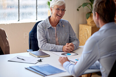 Buy stock photo Finance, meeting or woman in office with document, funding ideas or budget pitch in b2b partnership. Brief, investor or data analyst with paper, report review or proposal update in collaboration plan