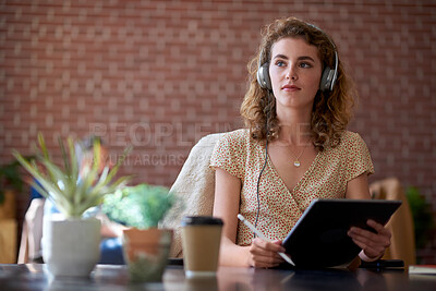 Buy stock photo Headphones, tablet or woman thinking for remote work in cafe, streaming music or planning campaign. Podcast, tech or freelance marketer with idea for brand proposal, coffee shop or creative mindset