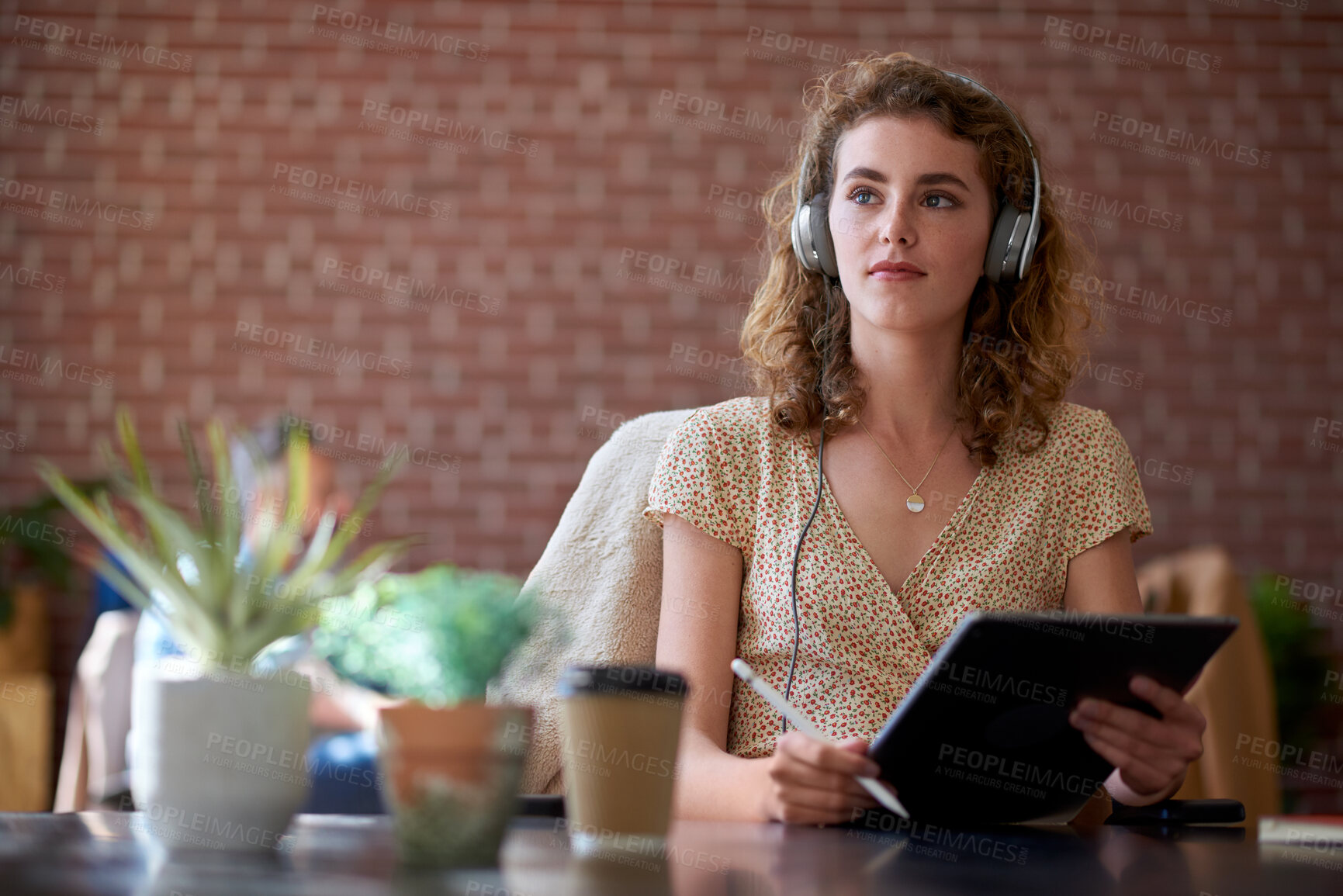 Buy stock photo Headphones, tablet or woman thinking for remote work in cafe, streaming music or planning campaign. Podcast, tech or freelance marketer with idea for brand proposal, coffee shop or creative mindset