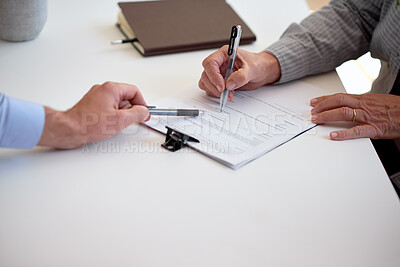 Buy stock photo Signature, pointing and hands of business people with document, insurance agency and policy contract. Space, life cover agreement and agent with client for application process, legal form and office