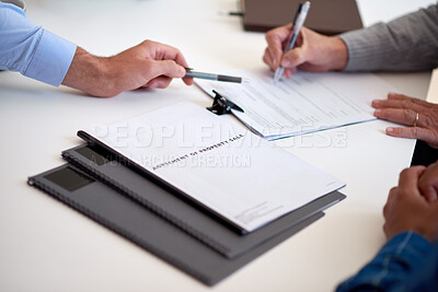 Buy stock photo Hands, couple and agent with pointing for signature, insurance agency or policy registration process. Writing, premium contract or person with clients for life cover application, terms or conditions