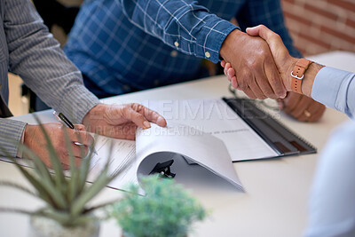 Buy stock photo Business people, meeting or handshake with documents for contract agreement or partnership. Group, employees or colleagues shaking hands with paperwork or signature for b2b or onboarding in workplace