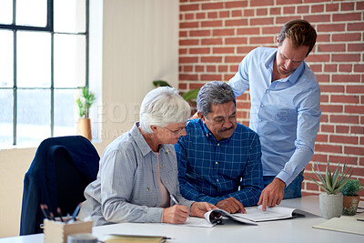 Buy stock photo Lawyer, document and senior couple in office for signature, financial contract and insurance policy. Attorney, elderly people and legal paperwork for agreement, asset management and retirement notary