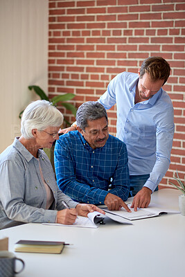 Buy stock photo Reading, documents and old couple with financial advisor in office, consultation and retirement plan. Serious, businessman and talk with elderly people, asset management and investment opportunity