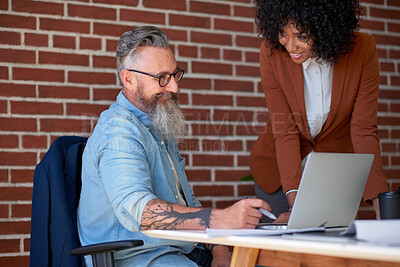 Buy stock photo Review, manager or people in office with laptop, trend research or feedback on marketing pitch. Advice, director or creative assistant with tech, advertisement insight or proposal for brand campaign.
