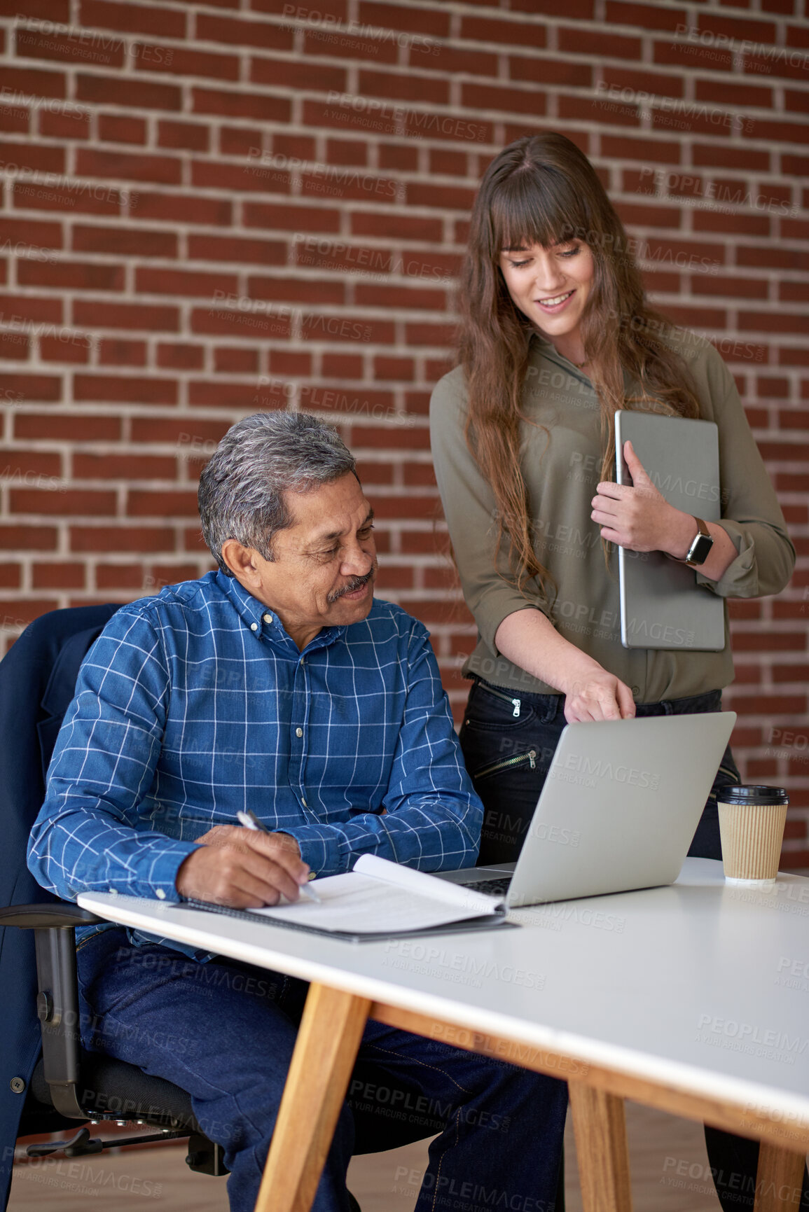 Buy stock photo Guidance, manager or people in office with laptop, trend research or feedback on marketing pitch. Advice, director or creative assistant with tech, report review or proposal for brand awareness.