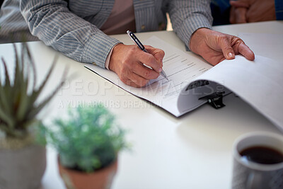 Buy stock photo Senior, woman and hands with documents for signature, life insurance and form for asset management. Old person, legal paperwork and title deed in retirement for estate planning, will and testament.
